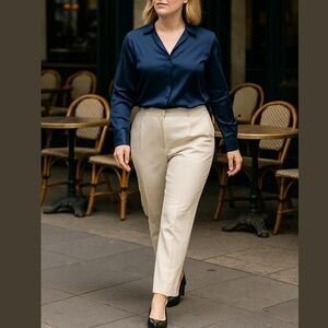 NWT ELLEN TRACY WHITE COTTON CHINO PREPPY FLAT FRONT TAPPER LEG TROUSERS SZ 16